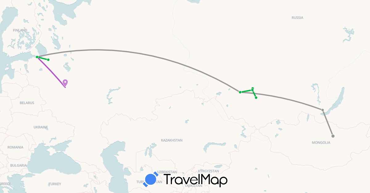 TravelMap itinerary: driving, bus, plane, train in Mongolia, Russia (Asia, Europe)